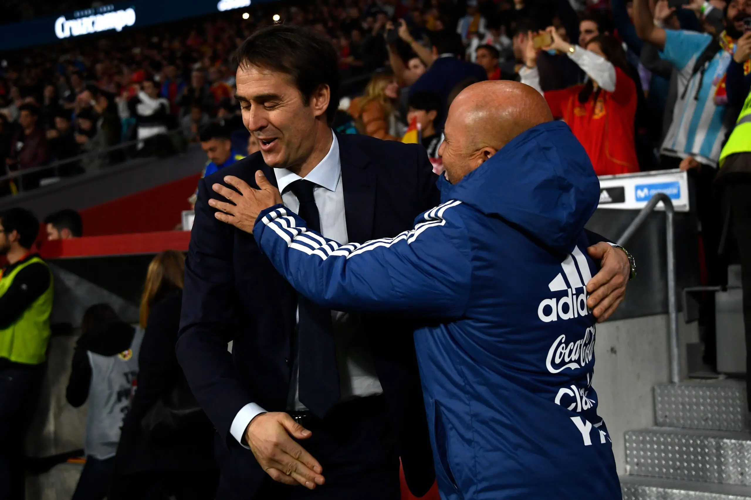 Julen Lopetegui y Jorge Sampaoli, durante un partido entre España y Argentina en el Estadio Wanda Metropolitano | Imagen: Getty Images